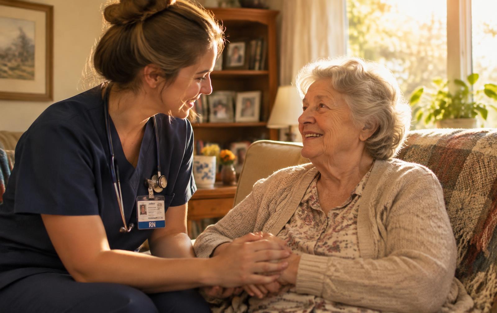 Nurse holding hands with a smiling elderly woman at home
